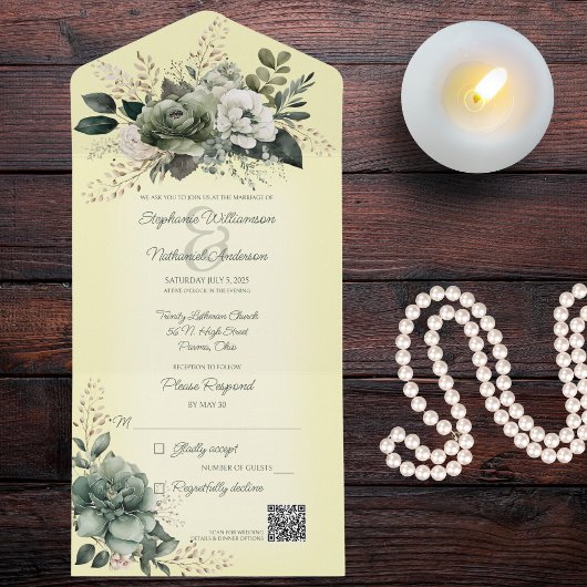 Tinten van Sage Groene Bloemen op Gele QR Code All In One Uitnodiging