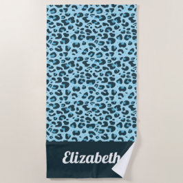 Tintenblauwe trendy luipaardprint met naam strandlaken