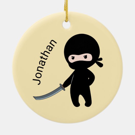 Tiny Angry Ninja, aangepaste naam op geel Keramisch Ornament (Achterkant)