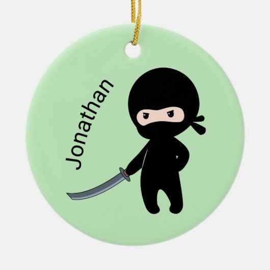 Tiny Angry Ninja, aangepaste naam op groen Keramisch Ornament (Voorkant)