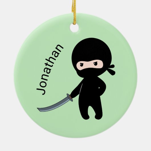 Tiny Angry Ninja, aangepaste naam op groen Keramisch Ornament (Achterkant)