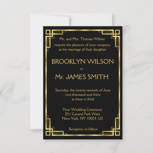 Tiny Art Deco Black en Gold Wedding Invitations Kaart (Voorkant)