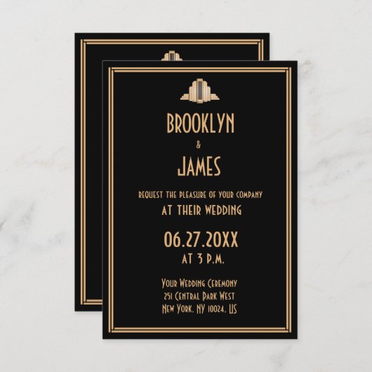 Tiny Art Deco Black Great Gatsby Wedding Invites Kaart (Voorkant / Achterkant)