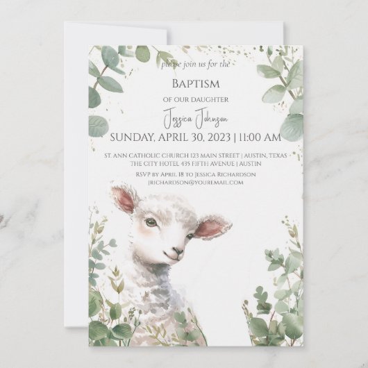 Tiny Baby Lamb en Eucalyptus doop Uitnodiging (Voorkant)