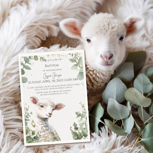 Tiny Baby Lamb en Eucalyptus doop Uitnodiging