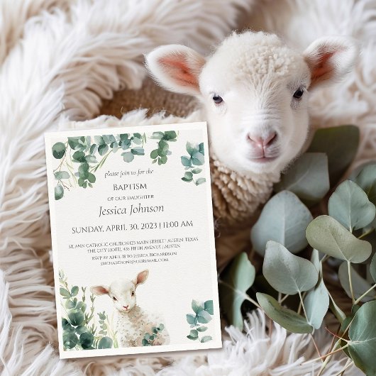 Tiny Baby Lamb en Eucalyptus doop Uitnodiging