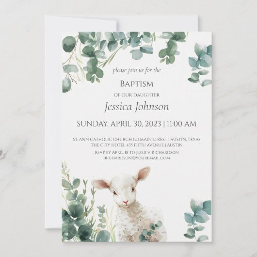 Tiny Baby Lamb en Eucalyptus doop Uitnodiging (Voorkant)
