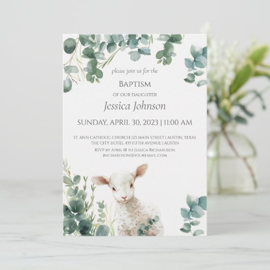 Tiny Baby Lamb en Eucalyptus doop Uitnodiging (Staand voorkant)