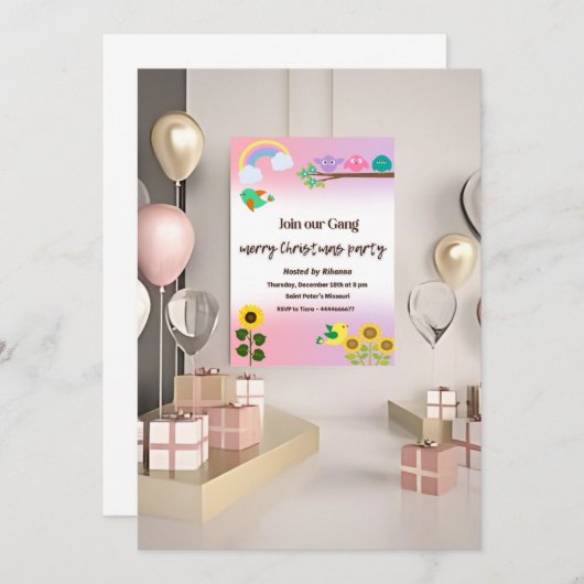 Tiny Bird & flower Theme - Uitnodiging voor Kerstm (Voorkant / Achterkant)