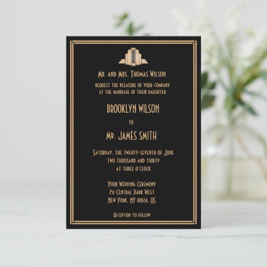 Tiny Black Art Deco Great Gatsby Wedding Invites Kaart (Staand voorkant)