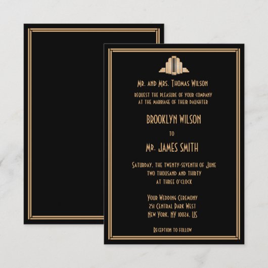 Tiny Black Art Deco Great Gatsby Wedding Invites Kaart (Voorkant / Achterkant)