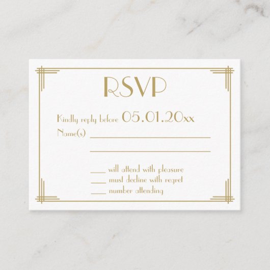 Tiny Black Gold Great Gatsby Art Deco Wedding RSVP Informatiekaartje (Voorkant)