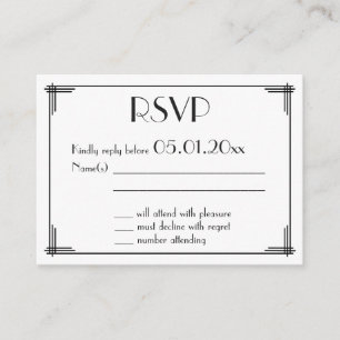 Tiny Black Gold Great Gatsby Art Deco Wedding RSVP Informatiekaartje