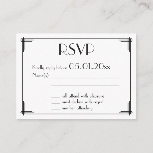 Tiny Black Gold Great Gatsby Art Deco Wedding RSVP Informatiekaartje (Voorkant)