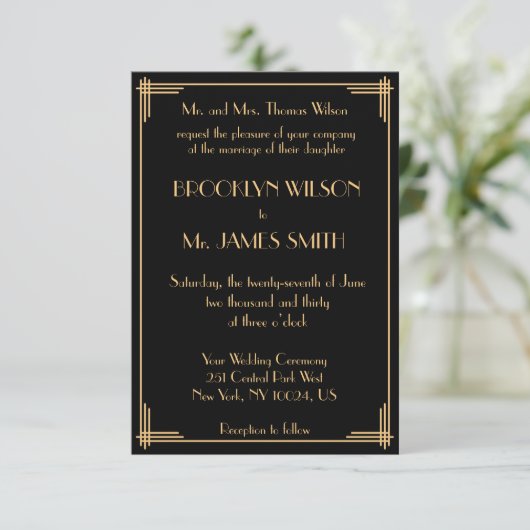 Tiny Black Great Gatsby Art Deco Wedding Invites Kaart (Staand voorkant)