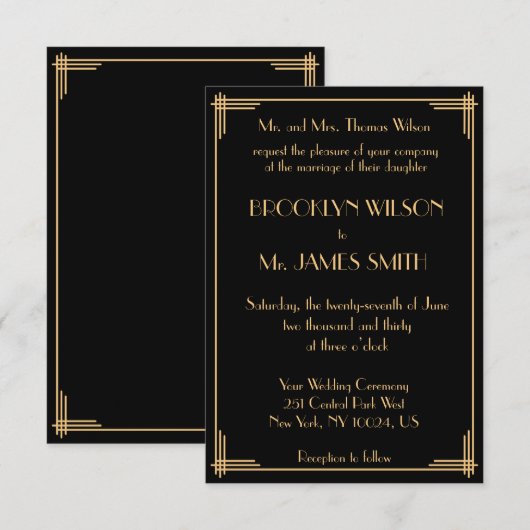 Tiny Black Great Gatsby Art Deco Wedding Invites Kaart (Voorkant / Achterkant)