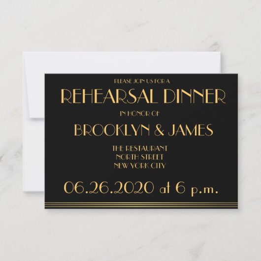 Tiny Black Great Gatsby Wedding Rehearsal Invites Kaart (Voorkant)