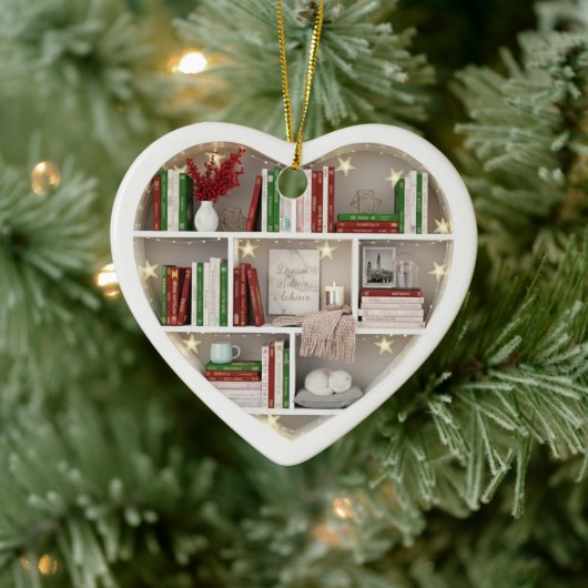 Tiny Book Shelves Christmas Red & Green 2Dprint Keramisch Ornament (Boom)
