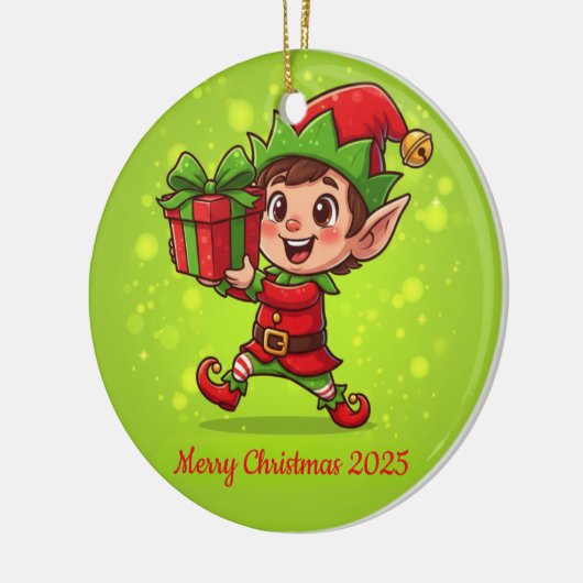Tiny Christmas Elf with Gift Personalized 2025  Keramisch Ornament (Links)