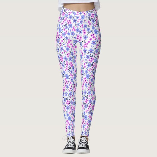 Tiny cute white blue pink floral pattern leggings (Voorkant)