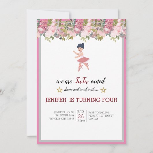 Tiny Dancer | Pink Floral Ballet Birthday Party Kaart (Voorkant)