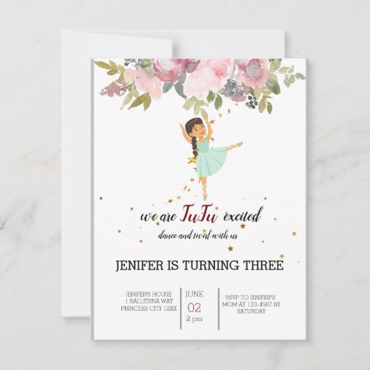 Tiny Dancer | Pink Floral Ballet Birthday Party Kaart (Voorkant)
