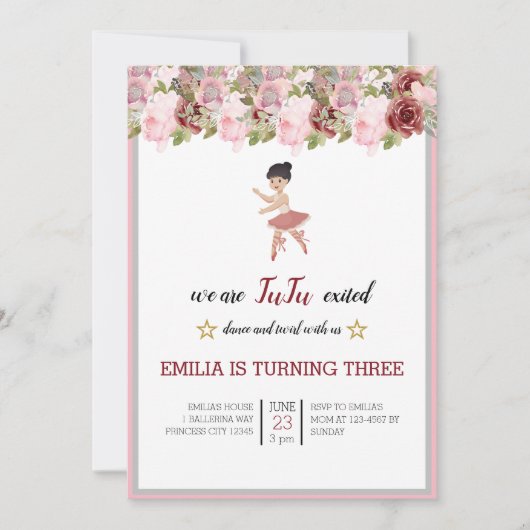 Tiny Dancer | Pink Floral Ballet Birthday Party Kaart (Voorkant)