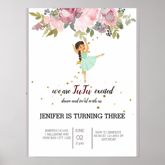 Tiny Dancer | Pink Floral Ballet Birthday Party Poster (Voorkant)
