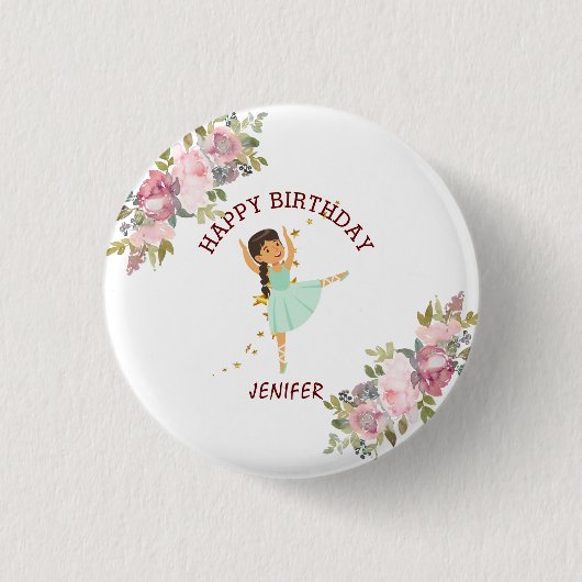 Tiny Dancer | Pink Floral Ballet Birthday Party Ronde Button 3,2 Cm (Voorkant)