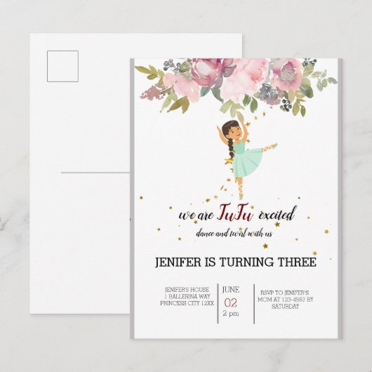 Tiny Dancer | Pink Floral Ballet Birthday Party Uitnodiging Briefkaart (Voorkant / Achterkant)