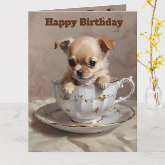 Tiny Delight: Chihuahua Puppy in een theekopje, Kaart (Gele Bloem)