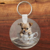 Tiny Delight: Chihuahua Puppy in een theekopje, Sleutelhanger (Voorkant)