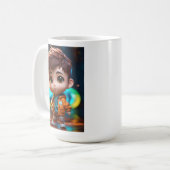 "Tiny Delight: Schattig Kind vindt vreugde in een Koffiemok (Voorkant links)