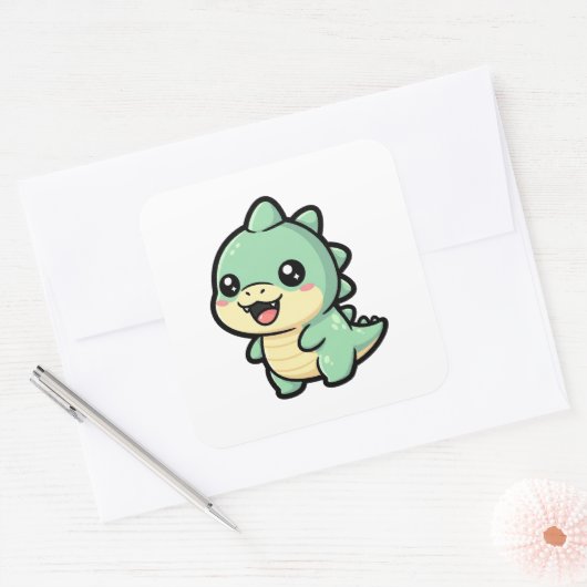 Tiny Dinosaur – Cute Kawaii Illustration Vierkante Sticker (Envelop)