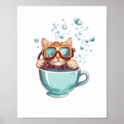 Tiny Diver Cat - Funny Scuba Kat Theeliefhebber Poster (Voorkant)