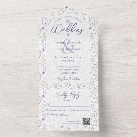 Tiny Dusty Blue Floral met QR-code All In One Uitnodiging (Binnen)