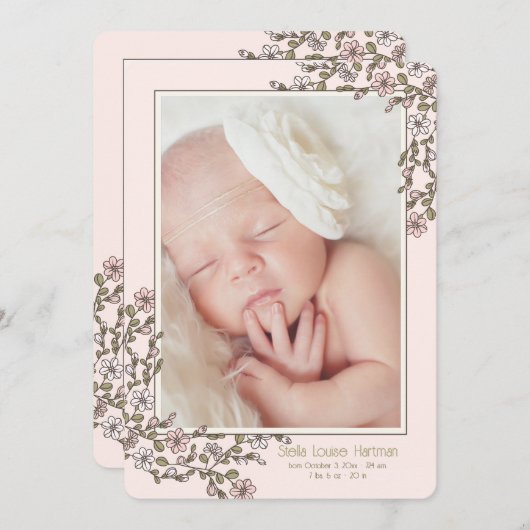 Tiny Flowers Foto geboorte aankondiging (Voorkant / Achterkant)