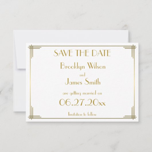 Tiny Gatsby Gouden Art Deco Save The Date Kaart (Achterkant)