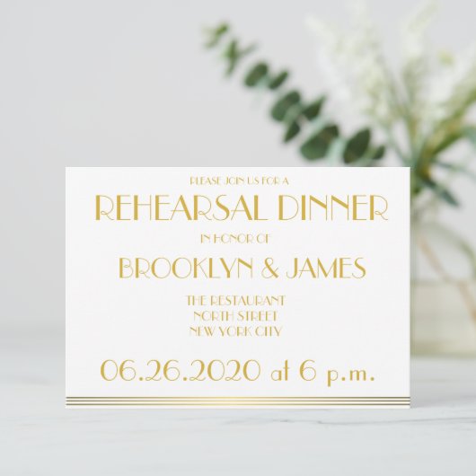 Tiny Gold Great Gatsby Wedding Rehearsal Invites Kaart (Staand voorkant)