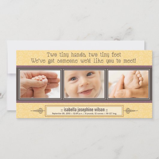 Tiny Hands, Tiny Feet Geboorteaankondiging (geel) Aankondiging (Voorkant)