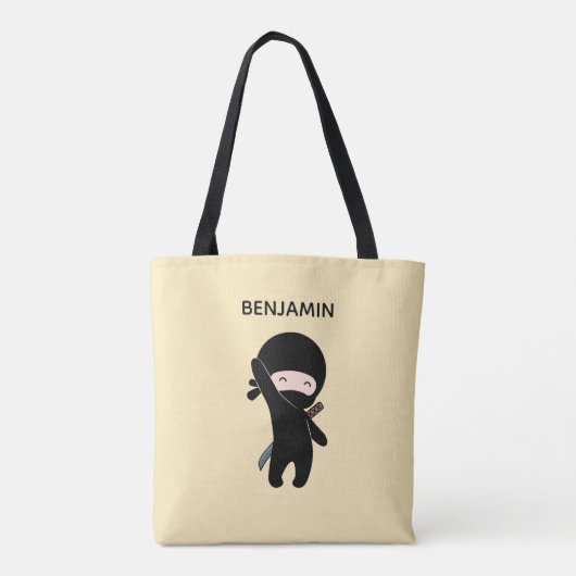 Tiny Happy Ninja Custom Name op Yellow Tote Bag (Achterkant)
