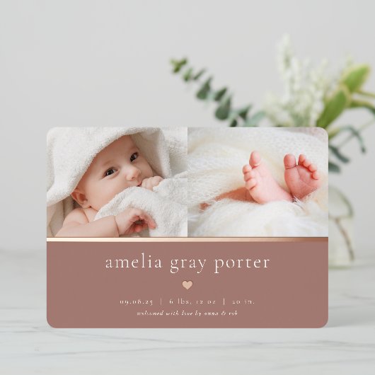 Tiny Heart | Twee foto folie geboorteaankondiging Folie Uitnodiging (Staand Voorkant)