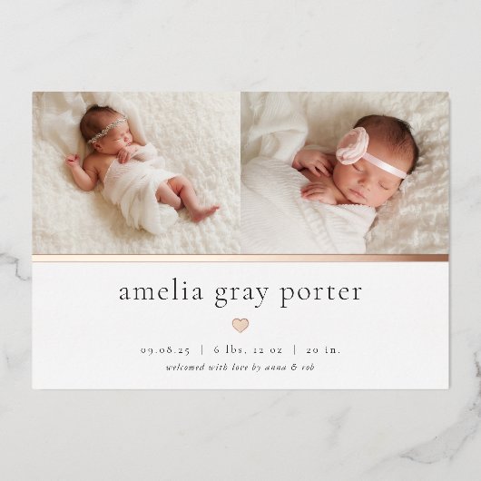 Tiny Heart | Twee foto-Folie geboorteaankondiging Folie Uitnodiging (Voorkant)