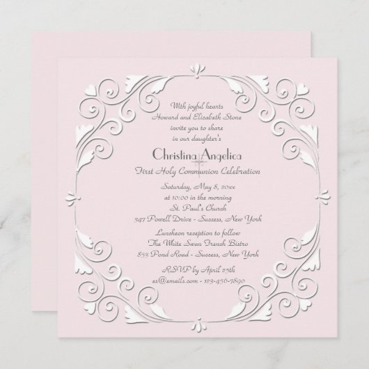 Tiny Hearts Roze Religieuze uitnodiging (Voorkant / Achterkant)