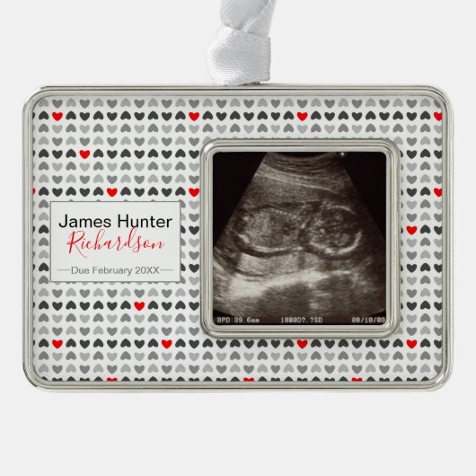 Tiny Hearts Sonogram Afbeelding Eerste Kerstmis Verzilverd Omlijst Ornament (Voorkant)