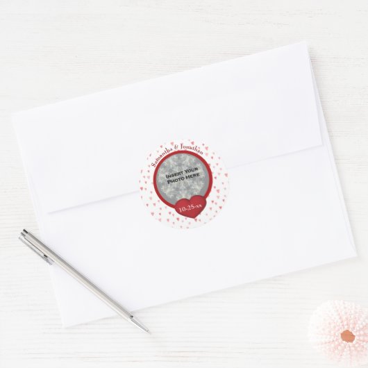 Tiny Hearts Wedding Photo Personalized Ronde Sticker (Envelop)