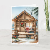 Tiny Home Log Cabin in de Winter Bossen Kerst Feestdagen Kaart (Voorkant)