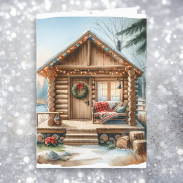 Tiny Home Log Cabin in de Winter Bossen Kerst Feestdagen Kaart