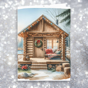 Tiny Home Log Cabin in de Winter Bossen Kerst Feestdagen Kaart