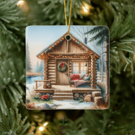 Tiny Home Log Cabin in de Winter Bossen Kerst Keramisch Ornament